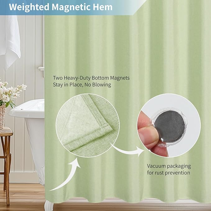 2-in-1 Waterproof Extra Long Fabric Shower Curtain or Liner,Linen Textured,84 Inch Breathable TPU & Washable Bathroom Shower Curtain Set with 12 Plastic Hooks,Modern,72"x84",Green