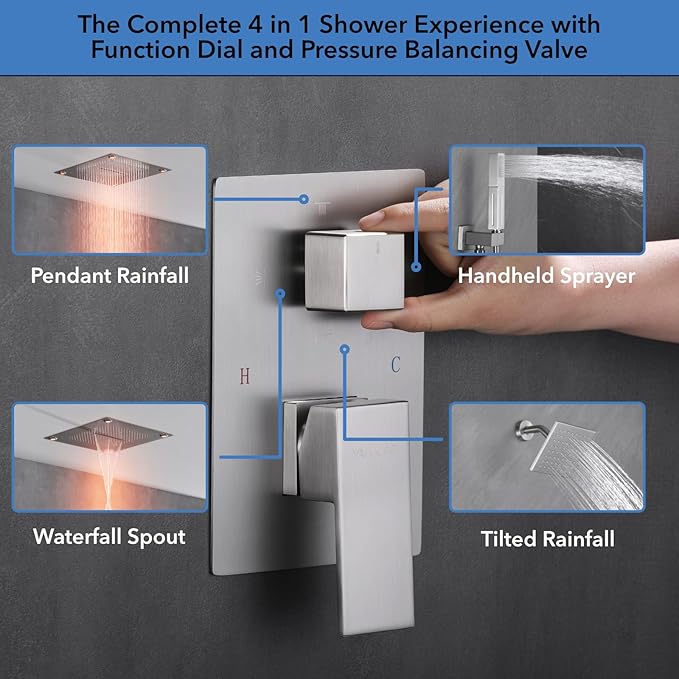 VANFOXLE Shower Faucet Set Brushed Nickel Shower System,Shower Faucet with 2 in 1 Handheld,Ceiling Mount 16 Inch Shower Head+6 Inch Shower Head(Rough-in Valve Body and Trim)