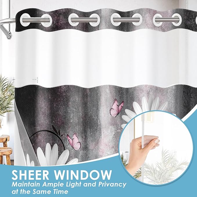 No Hook Pink White Daisy Butterfly Shower Curtain with Snap in Fabric Liner Set, Grey Farmhouse Double Layers Waterproof Fabric with See Through Top Window Open Grommet Bath Curtain 71x86 Inch