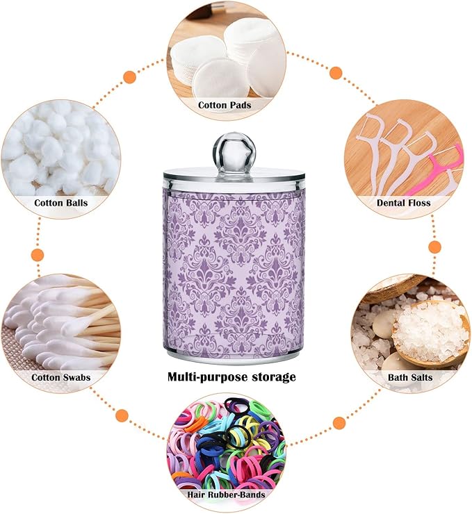 MNSRUU 2 Pack Qtip Holder Organizer Dispenser Purple Morden Floral Bathroom Storage Canister Cotton Ball Holder Bathroom Containers for Cotton Swabs/Pads/Floss