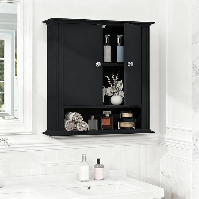 Bathroom Cabinet Wall Mounted| Over The Toilet Storage Cabinet with 2 Doors & Adjustable Shelf, Hanging Wall Cabinet, Upper Cabinet Storage Cupboard for Bathroom,Kitchen,Laundry Room, Black