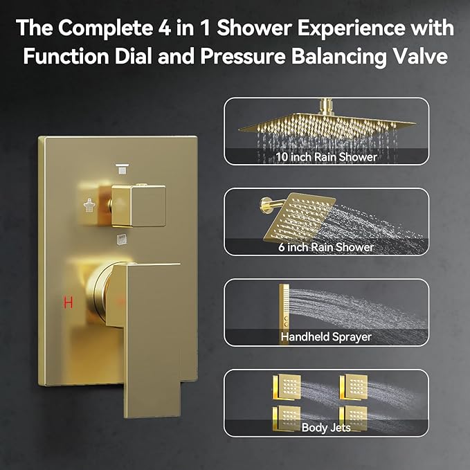 Brushed Gold Shower System with Body Jets, Bostingner 4 Way Shower Faucet Set with 2 in1 Handheld,Ceiling Mount 10 Inch Shower Head with 6 Inch Shower Head,4Pcs Body Jets With Dual Head Shower Set