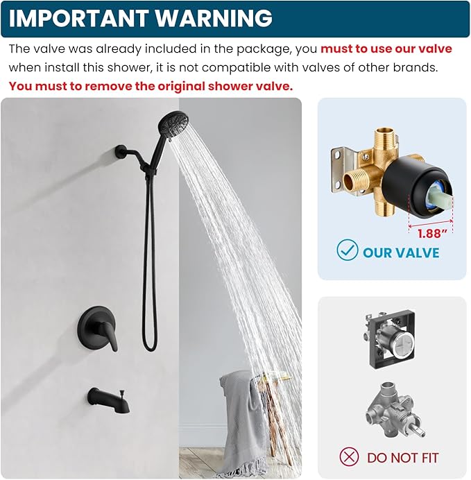 gotonovo Bathroom Shower Head Kit High Pressure Combo System Shower Faucet 6 Modes ABS Handheld Spray Shower Trim Kit Valve Included Shower Head and Handle Set Matte Black