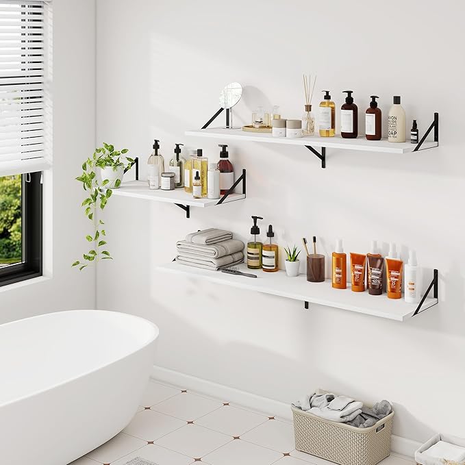 Dreamland Floating Shelves for Wall, 12 Inch Deep Floating Shelves Set of 2, 48W x 12D Large Wall Shelf with Sturdy Metal Brackets for Living Room, Bathroom, Bedroom and Kitchen, White