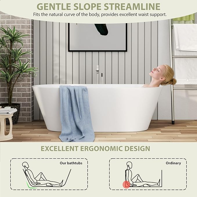 63" Acrylic Freestanding Bathtub - Mocoloo Modern Elegant Soaking Bathroom Tub Stand Alone, Matte White, Overflow and Stainless Offset Drain