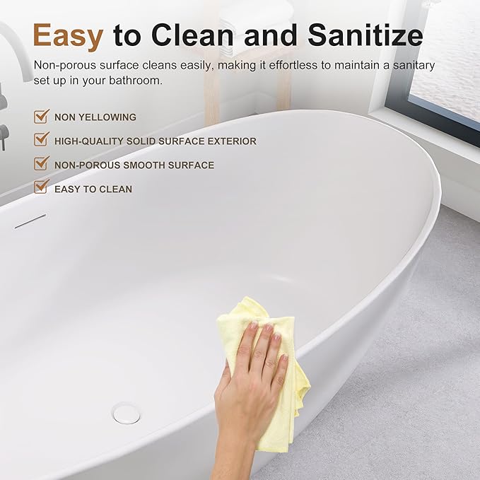 SJ STAR&JANE 73" Solid Surface Freestanding Bathtub Stone Resin Tub Oval Double Slippers Stand Alone Soaking Tub with Pop-up Drain and Overflow, Matte White