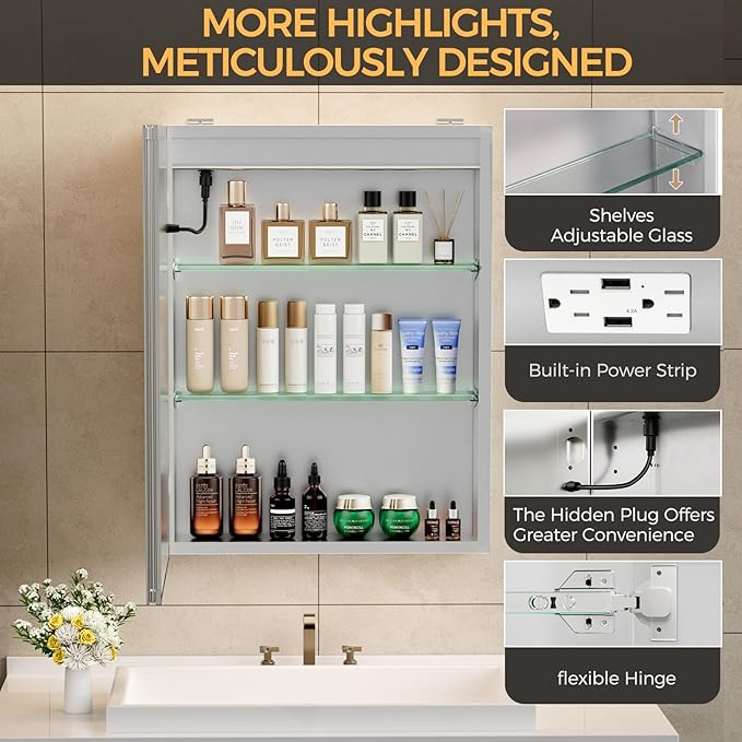 New LED Bathroom Mirror 16 * 24 Stepless Dimmable Wall Mirrors with Anti-Fog, Shatter-Proof, Memory, 3 Colors, Memory Function, Water Proof, Decor Vanity Mirror