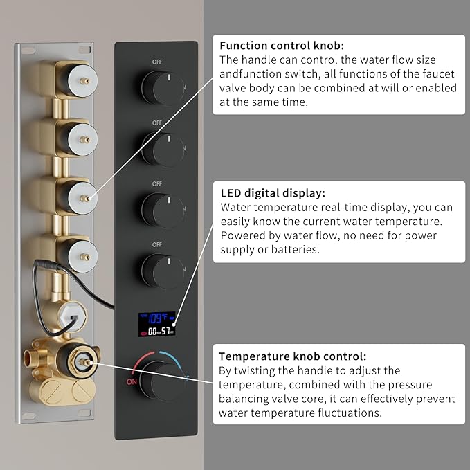 Shower Faucet Set Matte Black Shower System with 12 inch Ceiling Mounted Shower Head and Dual 8 inch Wall Mounted Shower Head, Digital Display Shower Fixtures with Handheld Spray