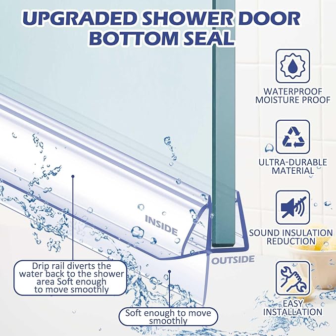 Frienda 2 Pcs Shower Door Bottom Seal 1/4" x 36'' Clear PVC Glass Door Sweep Shower Frameless Seal Strip for Replacement Stopping Leaks and Creating Water Barrier
