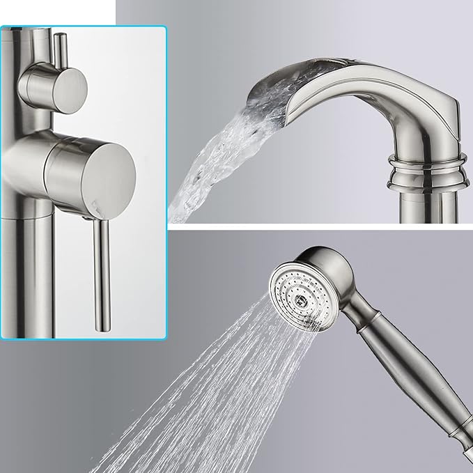 Senlesen Brushed Nickel Bathroom Single Handle Freestanding Bathtub Faucet Floor Mounted Waterfall Tub Filler with Hand Shower Set