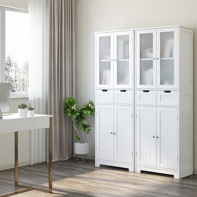 HORSTORS 67" Tall Bathroom Storage Cabinet, Freestanding Linen Cabinet with Glass Door and Shelves, Kitchen Pantry with 2 Drawers for Bathroom, Living Room, Dining Room, Office, White