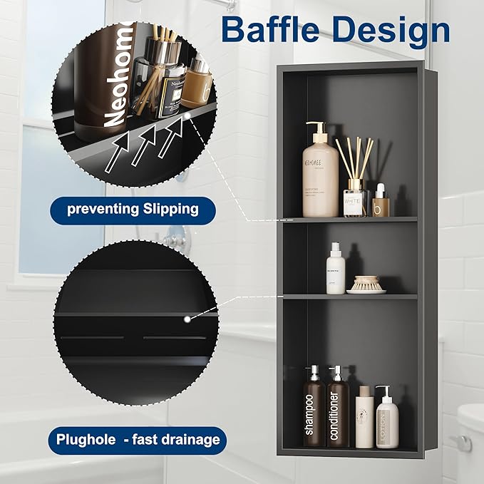 Neodrain 12X30 in Shower Niche, Gun Metal 3-Tier Wall Niche Stainless Steel Cabinet No Tile Needed Recessed Niche for Bathroom Storage
