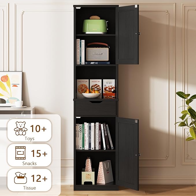 Walsunny Tall Bathroom Storage Cabinet with Freestanding Adjustable Shelves, Narrow Storage Linen Cabinet with 2 Doors and 1 Drawers for Bathroom, Living Room, Kitchen, Black