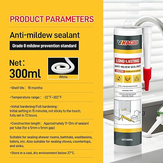 VGS 798 Professional Silicone Sealant Caulk 10.15 Oz Cartridge, 4 Pack - for Kitchen & Bathroom, White, 100% Waterproof Silicone Sealant,Shrink & Crack Proof