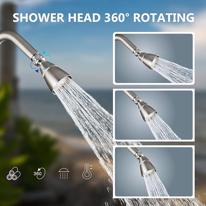Aolemi Outdoor Shower Fixtures,Outdoor Shower Kit Faucet System 3 Inch Center with Showerhead 2 Handle Exposed Shower with Brass Mix Valve Pipe Downward with Soap Dish Brushed Nickel