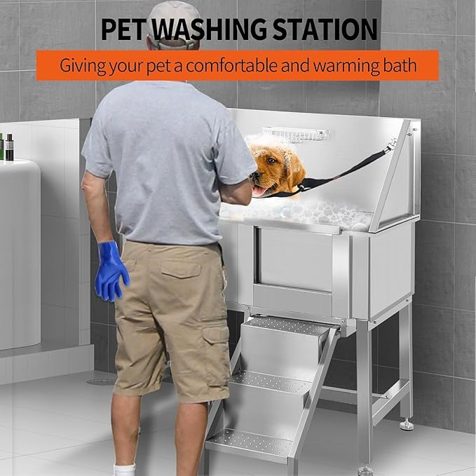 38 Inch Professional Dog Wash Station, Stainless Steel Dog Grooming Tub for Large, Medium & Small Pets - with Anti-Slip Stairs, Drain & Door, Silver