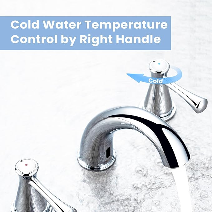 Touchless Bathroom Faucet for 3 Holes 3 Handles, Controlling Temperature & Adjustable Water Flow, Short & Long Induction Modes, Auto Motion Sensor Bathroom Faucet Set (29183 Chromed)