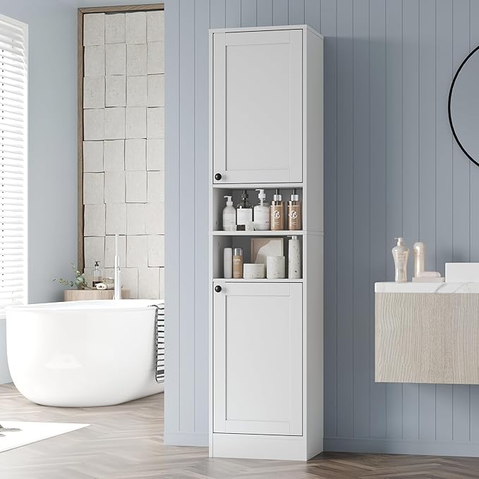 67" Tall Bathroom Cabinet with 2 Doors, Narrow Freestanding Floor Cabinet, Slim Storage Unit with Adjustable Shelves for Bathroom, Living Room, Entryway, Kitchen, White