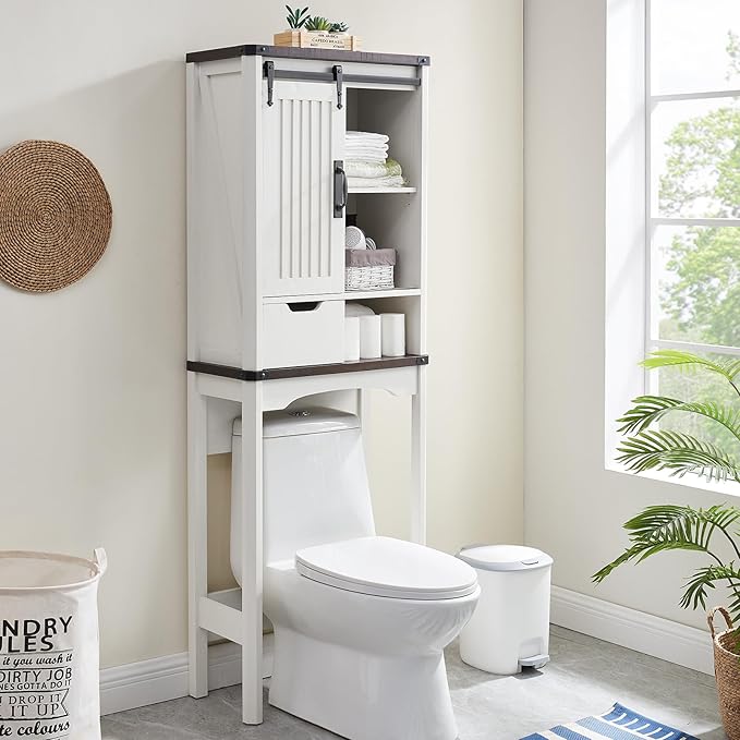 Over The Toilet Storage Cabinet, Farmhouse Storage Cabinet with Adjustable Shelves and Sliding Barn Door, Free Standing Over Toilet Bathroom Organizer (Antique White)