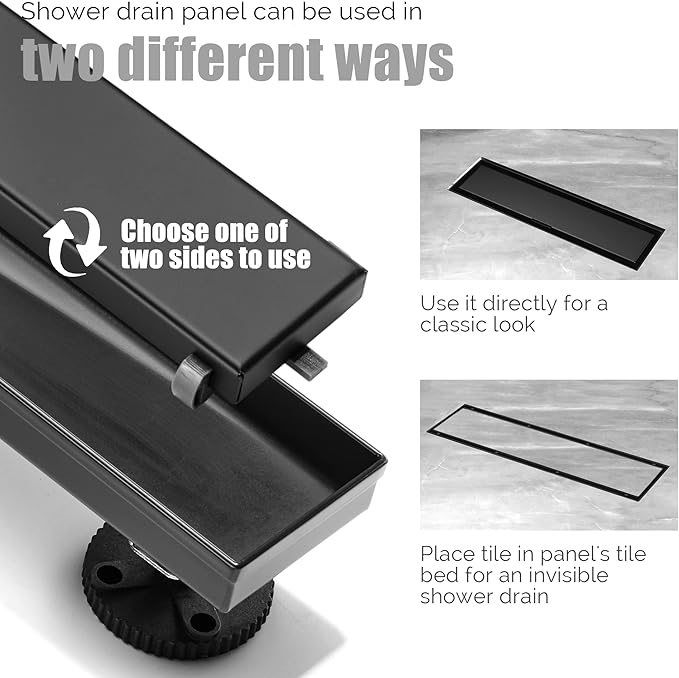 HEATGENE Linear Shower Drain 24-Inch, Stainless Steel Rectangle Shower Floor Drain with 2-in-1 Flat & Tile Insert Cover, Shower Drain with Leveling Feet & Hair Strainer, Matte Black