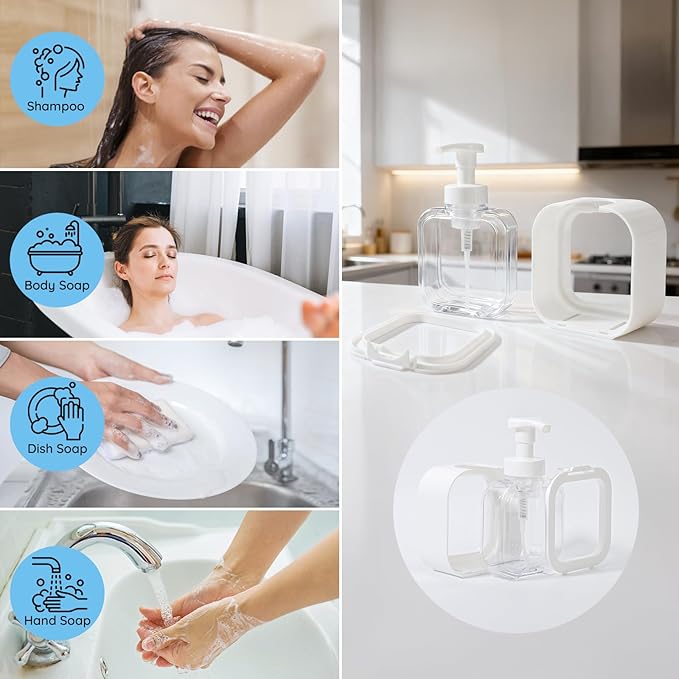 Segbeauty 10.1oz Foam Hand Soap Dispenser, 4pcs 300ml Square Liquid Soap Dispenser White Foaming Pump Bottles for Kitchen Dish Cleaning, Plastic Body Soap Shampoo Shower Bath Foamer Bottle with Labels