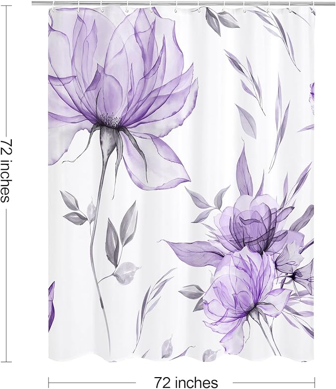 Purple and Grey Boho Watercolor Floral Shower Curtain, Ink Painting Style Blossom & Leaf Shower Curtains for Chic Elegant Bathroom, Artistic Fabric Cloth Flower Shower Curtain, 72x72