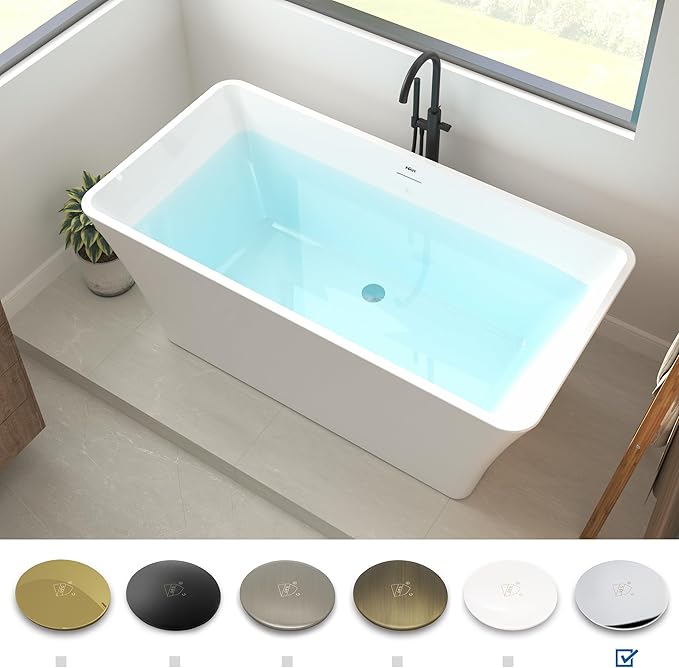 FerdY Sentosa 59" Acrylic Freestanding Bathtub, Contemporary Design Soaking Tub with Polished Chrome Drain and Minimalist Linear Design Overflow, Easy to Install