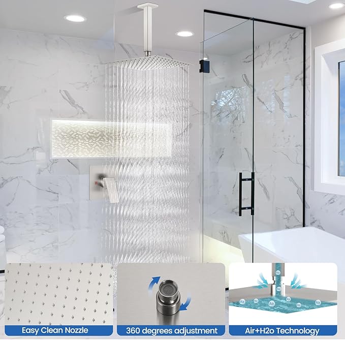 Airuida Shower Faucet Set and Handle Set Single Function Shower Trim Kit Ceiling Mount Rainfall Shower System with Male Threads and Rough-in Valve 12 Inch Square Shower Head Brushed Nickel