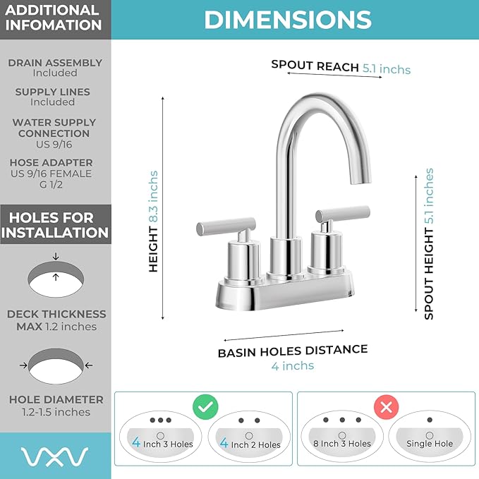 VXV Bathroom Faucet 4 Inch 2 Handle Centerset Sink Faucet 360 Swivel Spout with Pop-up Drain Chrome