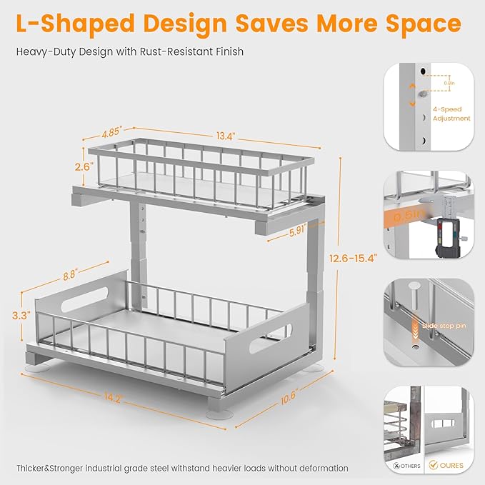 2 Pack Under Sink Organizer, Heavy Duty Meta Slide Out Sink Shelf Organizer Height Adjustable, Multi-Purpose Storage Shelf for Kitchen Bathroom (Silver,2Pack)