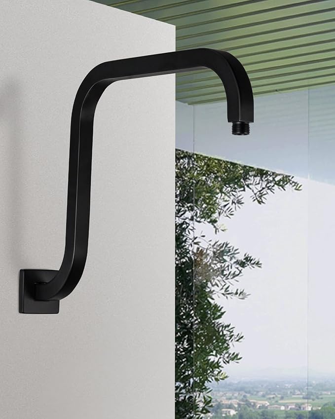 PHASAT S Shaped Square Shower Arm with Flange,High Rise Shower Head Extension Arm Matte Black,PU9H03
