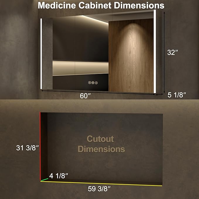 Medicine Cabinet with LED Lights and Mirror, 60 x 32 Inch Surface or Recessed Mounted Bathroom Cabinets with Door, Defogger, Memory Function, 3-Color Mode, Outlet&USB, Dimmer, Storage Shelf
