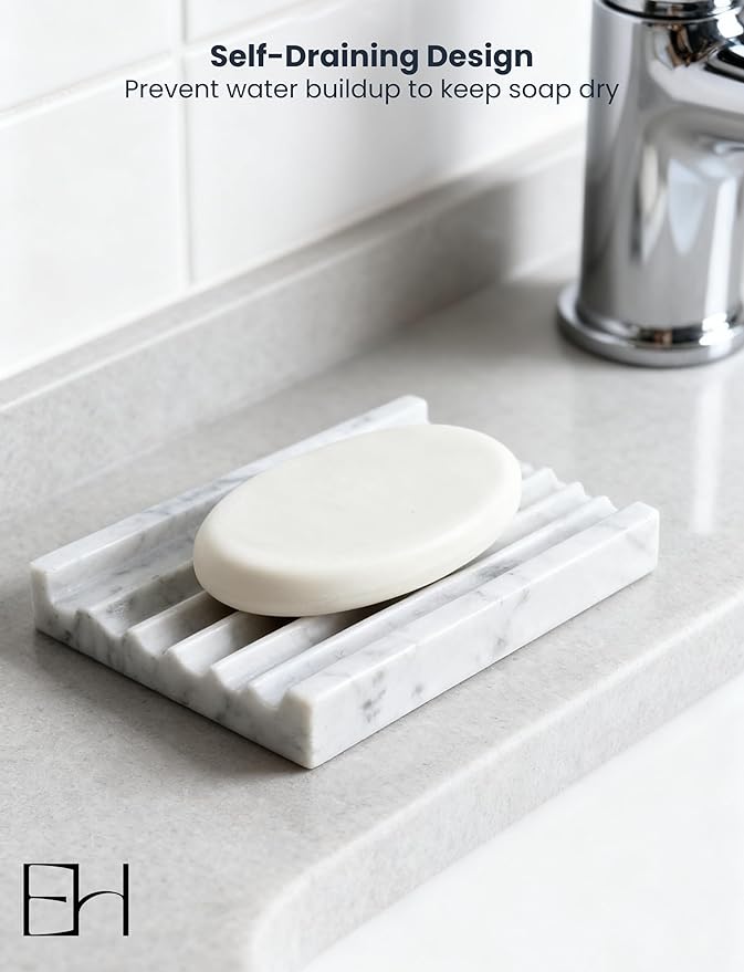 Marble Soap Dish - Soap Dish for Shower, Shower Bar Soap Holder, Stone Soap Container for Marble Bathroom Accessories, Decorative Dish with Drainage (Calacatta White, Rectangular)