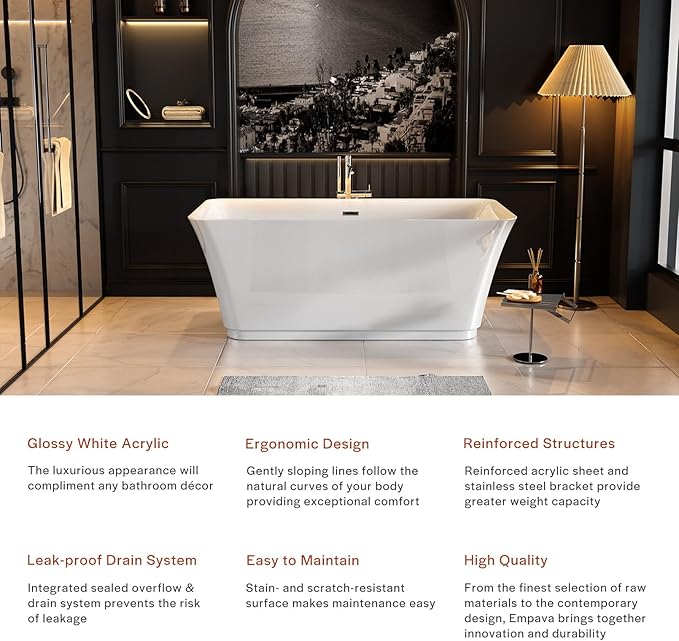 Empava 59" Freestanding Bathtub, Acrylic Deep Soaking Tub, Modern Stand Alone Tub with Anti-Slip Surface, Adjustable Feet & Drain Overflow Included, White, cUPC Certified