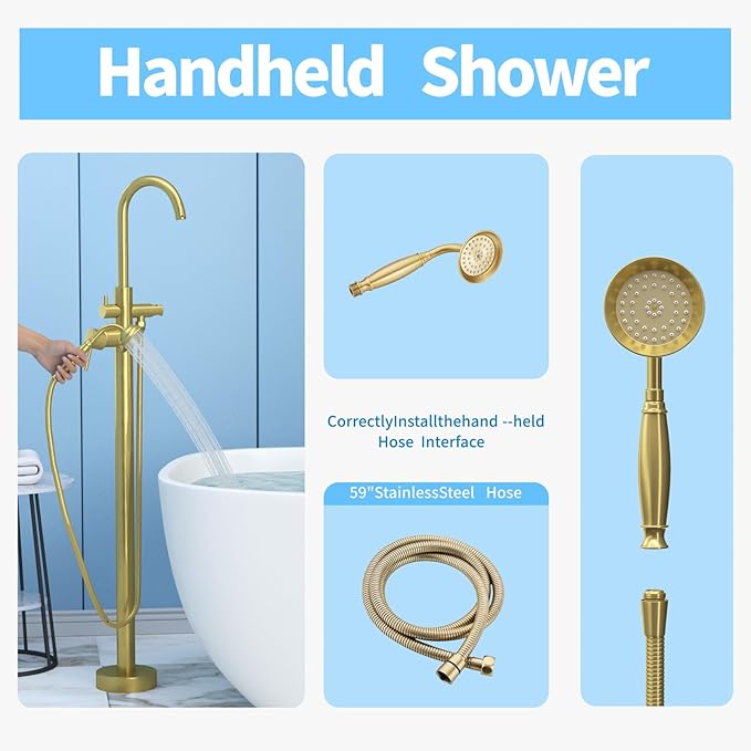 Freestanding Tub Filler Brushed Gold Floor Mount Bathtub Faucet Bathroom,Rough-in Valve 2 Function Handshower for Tub Rinsing Bathing,Anti-Wobble Base,Telephone-Shape Handheld