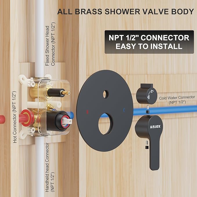 KOJOX 12-Inch Matte Black High-Pressure Shower System: Complete Set with Rainfall & Handheld Shower Heads, Wall-Mounted Mixer Faucet, Rough-In Valve, & Trim Kit for Bathroom