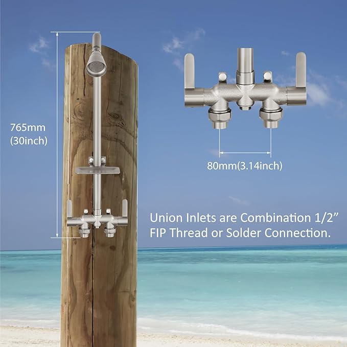 Aolemi Outdoor Shower Fixtures,Outdoor Shower Kit Faucet System 3 Inch Center with Showerhead 2 Handle Exposed Shower with Brass Mix Valve Pipe Downward with Soap Dish Brushed Nickel