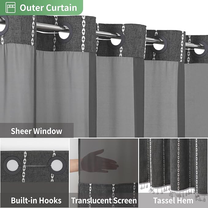 No Hook Long Shower Curtain Set with Snap-in Fabric Liner,Linen Textured Thick Striped Fabric with Tassels,Boho Farmhouse Rustic Luxury Bathroom Curtain,Water-Repellent,Charcoal Grey,71x80