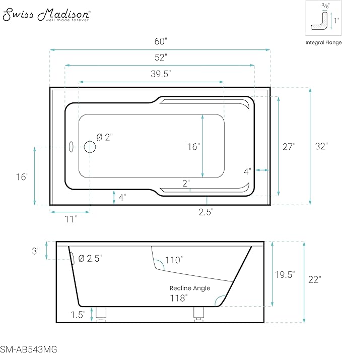 Voltaire 60" x 32" Left-Hand Drain Alcove Bathtub with Apron and Armrest in Matte Grey