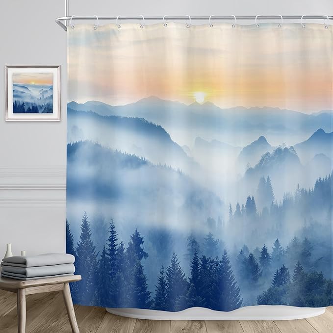 Riyidecor Misty Mountain Shower Curtain 72Wx72H Inch Blue Sunrise Scenery Foggy Woodland Greenery Smokey Tree Nature Pine Scenic Rustic Bathroom Decor Fabric Polyester Waterproof 12 Pack Hooks