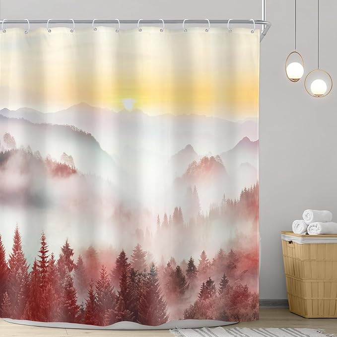 Riyidecor Misty Mountain Shower Curtain 72Wx72H Inch Red Sunrise Nature Scenery Foggy Pine Tree Scenic Forest Woodland Modern Natural Landscape Bathroom Decor Fabric Polyester Waterproof 12 Pack Hooks