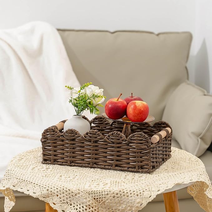 CubesLand PP Wicker Scalloped Edge Floating Shelves Baskets Set 2, Toilet Basket for Over Toilet Storage Shelf, Ending Table, Nightstand Organizing and Home Décor, Rattan Basket Come with Wood Handle
