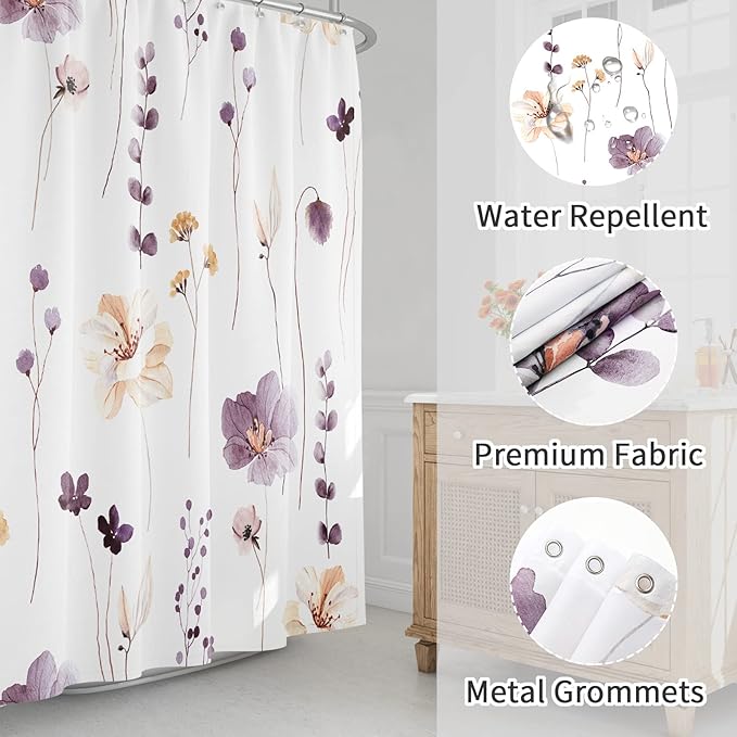 Gibelle Long Shower Curtain 72 x 78, Watercolor Floral Fabric Shower Curtain, Plum Beige Flower Decorative Bathroom Shower Curtain Set