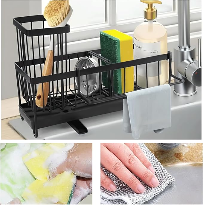 5 in 1 Kitchen Sink Caddy Organizer, Rustproof Stainless Steel Sink Caddy with Washing Cloth & Adhesive Hooks, Kitchen Sink Organizer with High Brush Holder, Sponge and Soap Holder for Kitchen Sink