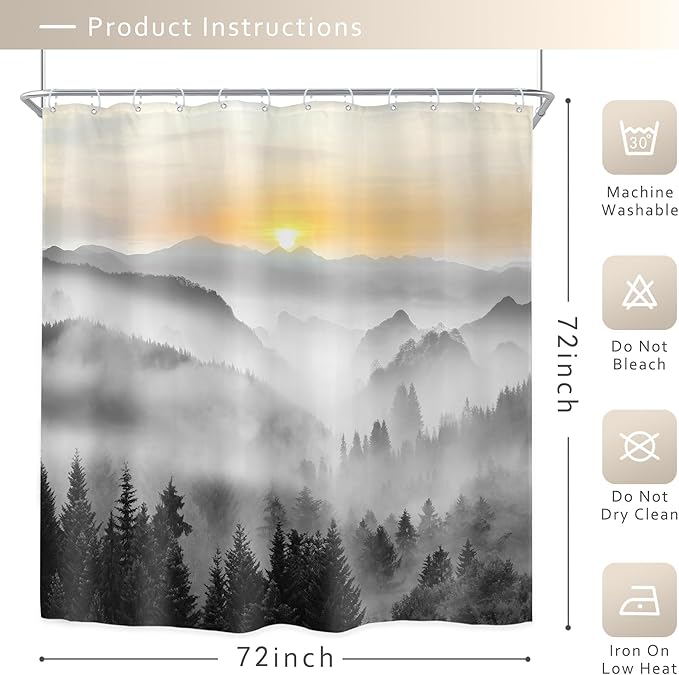 Riyidecor Misty Mountain Shower Curtain 72Wx72H Inch Black Sunrise Foggy Woodland Greenery Smokey Scenery Tree Nature Pine Scenic Rustic Bathroom Decor Fabric Polyester Waterproof 12 Pack Hooks