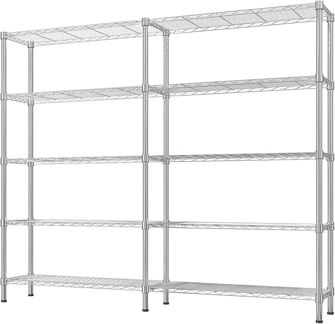5 Tier Storage Racks Shelving, Heavy Steel Pantry Shelves, Adjustable Wire Shelving Rack, Suitable for Garage, Kitchens, Offices, 58" W x 14" D x 71" H, Chrome