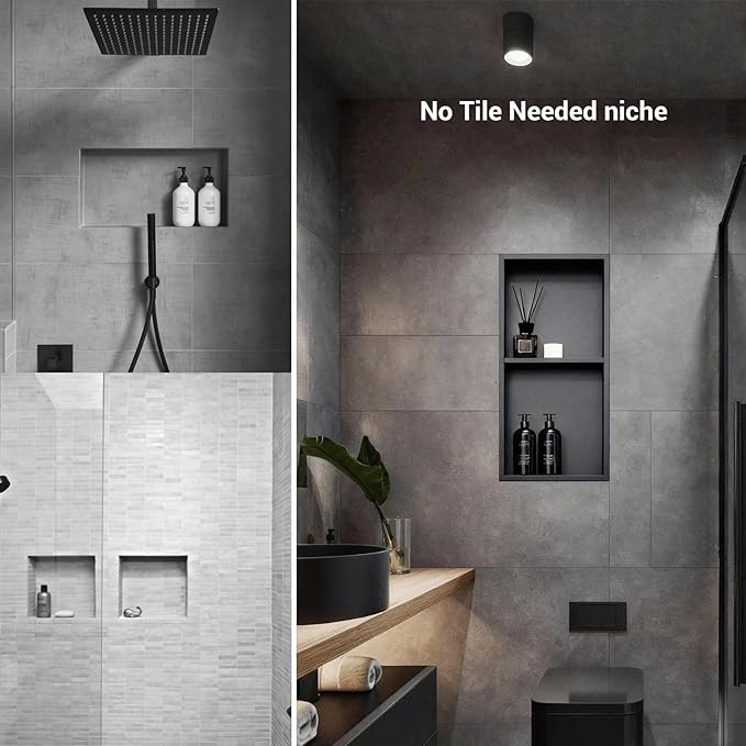 Shower Niche 12x24, Matte Black, No Tile Needed 304 Stainless Steel Recessed Wall Niche Insert with Double Shelves, Built-in Sloped Base Drainage, in-Wall Shower Storage for Bathroom Remodel
