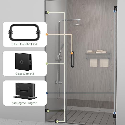 Shower Door Hardware Kit 304 Stainless Steel for 6/25"-1/2" (6mm-12mm) Tempered Glass, Hardware Accessories with 8" Handles Hinges Glass Clamp - Matte Black