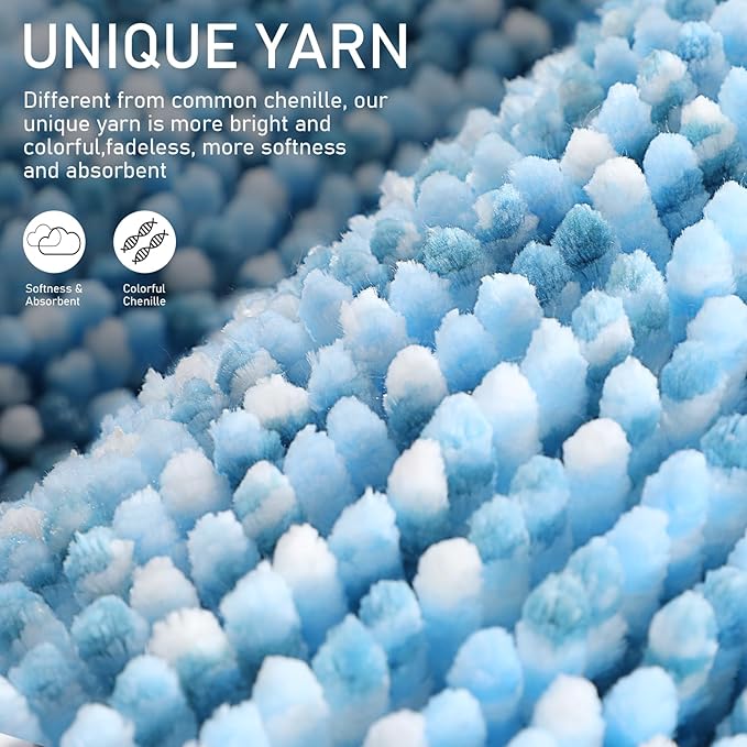 Yimobra Luxury Chenille U-Shaped Toilet Rug, Super Soft Shaggy Contour Bath Mat for Bathroom Floor, Fluffy, Water Absorbent, Non Slip, Machine Washable, Dry Quickly, 24''x 20'', Blue & Light Blue