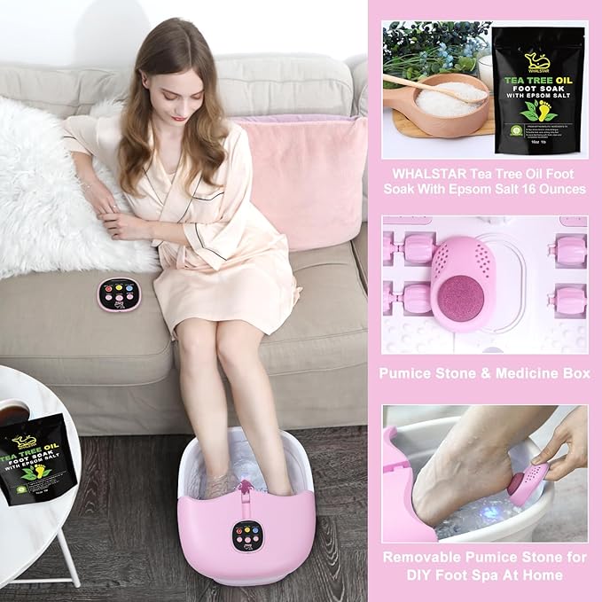 Collapsible Foot Spa Bath Massager with Heat Bubbles and Vibration Massage and Jets, 16oz Tea Tree Oil Foot Soak Epsom Salt, WHALSTAR Foot Bath Bucket With Red Light & Remote - PINK